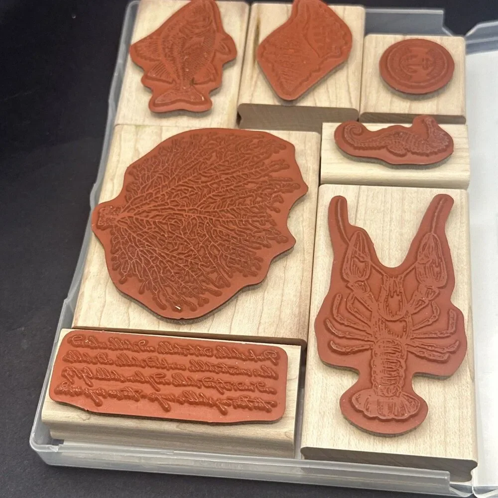 Stampin' Up! Retired BY THE TIDE nautical wood set in case coral fish lobster